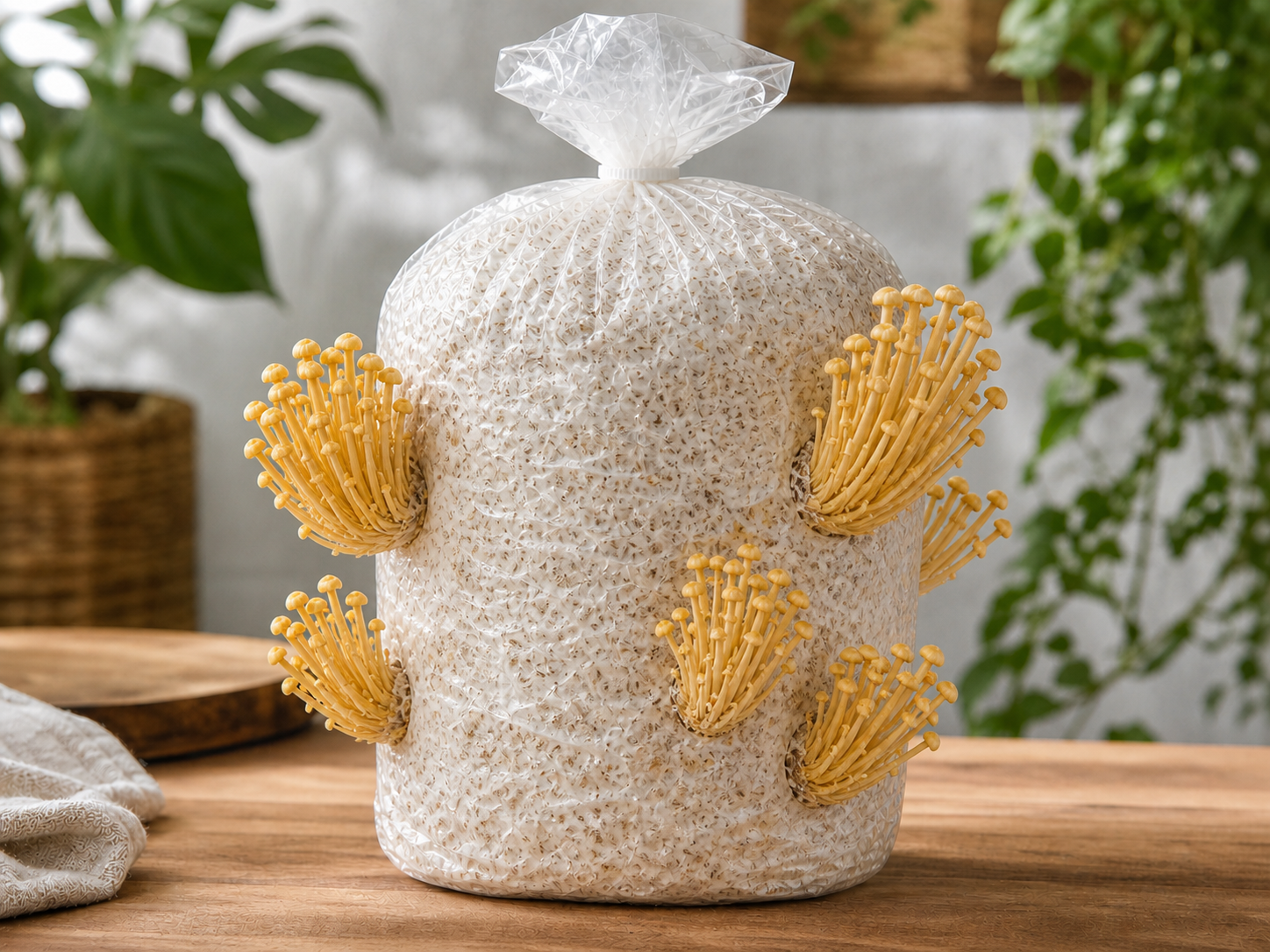 Ready-to-fruit golden enoki mushroom grow bag