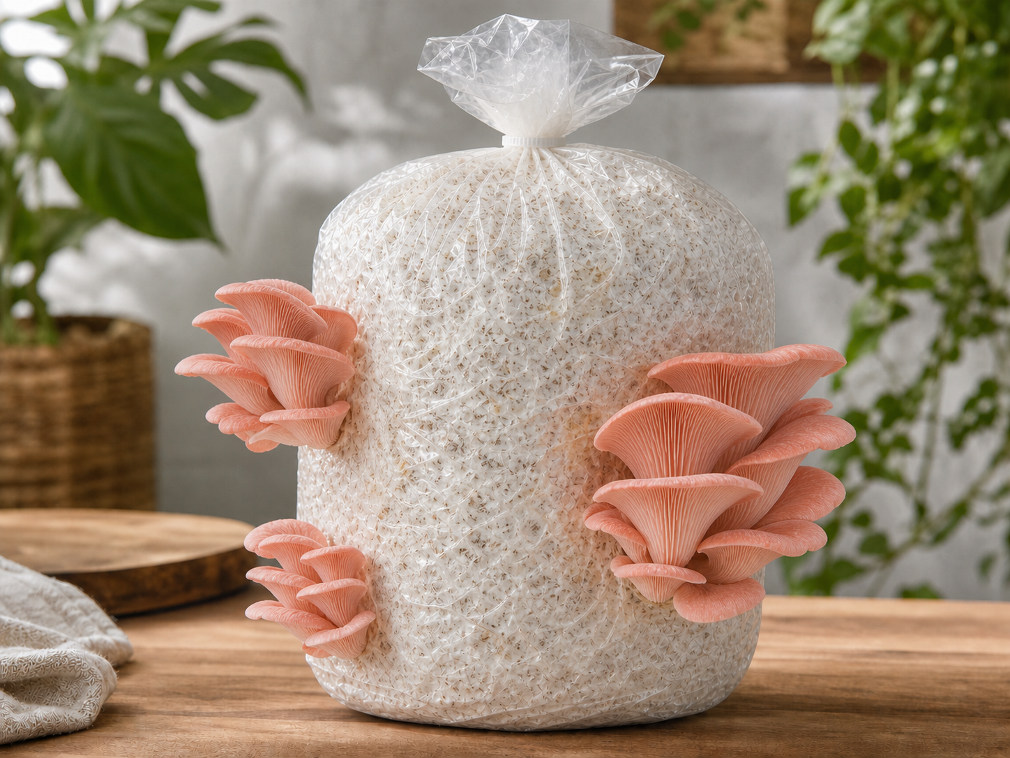 Ready-to-fruit pink oyster mushroom grow bag